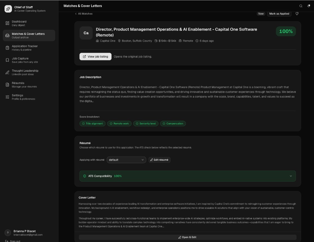 Match detail with score breakdown, ATS score, and generated cover letter